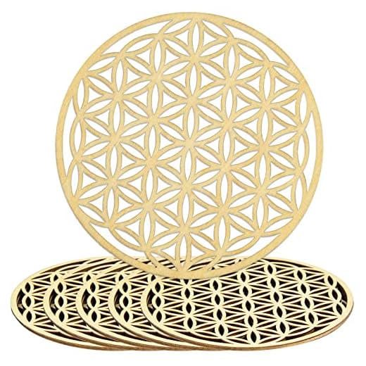 6 Pièces Fleur de Vie en Bois, Fleur de vie Dessous de Verre Bois Panneau en Bois Cercle Sous Verre Fleur de Vie pour Recharger les Pierres pour Décoration Murale, Purification, Méditation, 10 x 10 cm