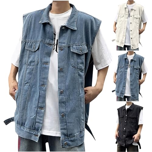 Cambkatl Mens Denim Vest Sleeveless Motorcycle Jacket Vintage Distressed Open Front Big and Tall Trucker Jean Jackets2