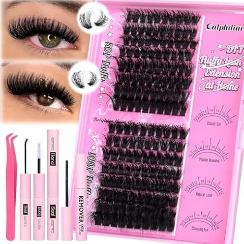 Calphdiar Lash Extension Kit 12-18MM Fluffy Eyelash Extension Kit Wispy Lash Clusters Kit DIY D Curl Cluster Eyelash Extensions 80D+100D Lashes Clusters with Lash Bond and Seal and Remover Lash Kit Cover
