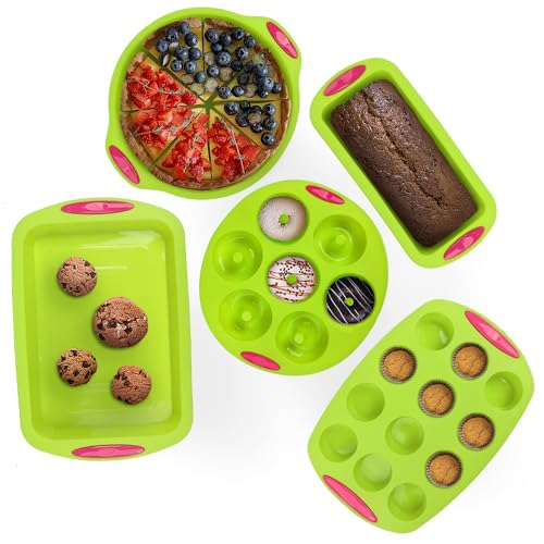 MINMALLIFE Silicone Bakeware Sets (Lime) - Set of 5 Nonstick Silicone Baking Pan Set - Silicone Muffin Pan & Cupcake Pan Nonstick Baking Set for Adults, Silicone Molds for Baking, Silicone Baking Mold