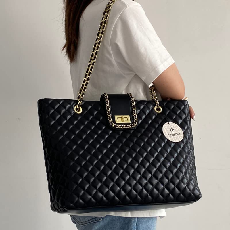 Image of 13.4aa‚¬A inch Women Quilted Double Strap Shoulder Bag Quilted Hobo Tote Handbag Large CapacityiE†blackia€