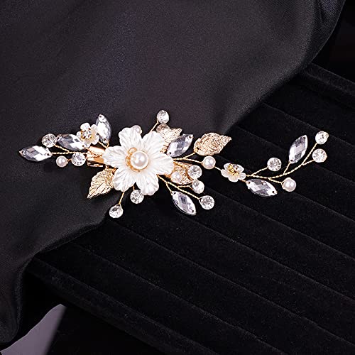 Teyglen Flower Rhinestone Bridal Hair Clip Hairpin Gold Leaf Crystal Pearl Hair Barrette Handmade Wedding Hair Piece Hair Accessories For Women Bride Girls #TOP4