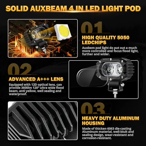 Image of Auxbeam 4 inch Cube LED Pods, Super Bright 60W Offroad Lights Auxiliary Flood Light Pods Motorcycle Driving Light for ATV UTV SUV Boat Jeep