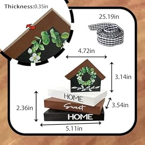 Home Sweet Home Mini Wood Book Stacks House Tiered Tray Decor Farmhouse Decorative Wooden Sign Rustic Shelf Table Home Decorations with Buffalo Plaid Check Bow