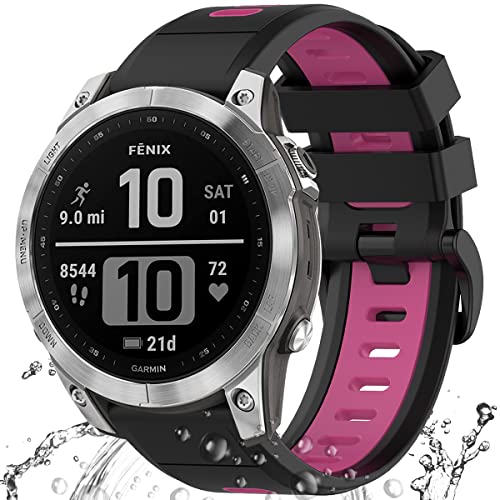 Miimall Compatible Garmin Fenix 7/6/5 Bands, 22mm Width Soft Silicone Sport Waterproof Replacement Strap Band for Garmin Fenix 7/7 Solar/7 Sapphire Solar/6/5/Garmin Instinct Women Man(Black+Rose)