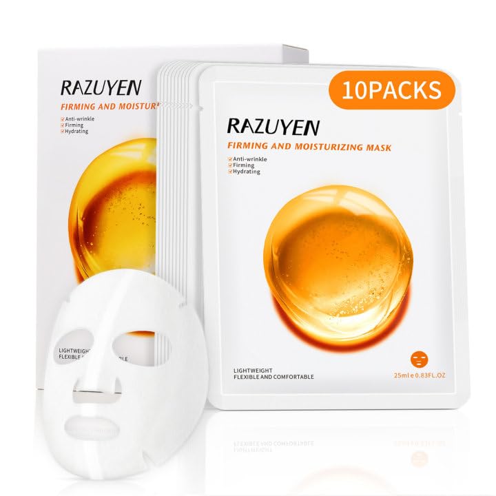 RAZUYEN Firming Face Sheet Masks (10 Sheets) With Hyaluronic Acid And Peptides, Anti Wrinkle, Moisturising & Hydrating face mask, Sheet Face Mask Skincare
