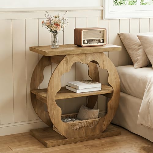 Image of Tribesigns End Table Set of 2, Narrow Side Table with Storage, 3-Tier Couch End Table Bedside Tables for Small Spaces, Bedroom, Natural Oak