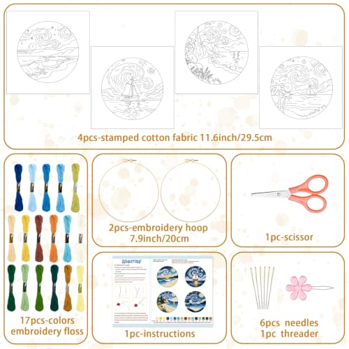 Image of BEUNITONE 4pcs Embroidery Kit, Starry Sky & Beach Stamped Embroidery Kits with Hoop, Thread & Needles, Cross Stitch Kits Sewing Gifts for Adults and Beginners, DIY Craft for Relaxation