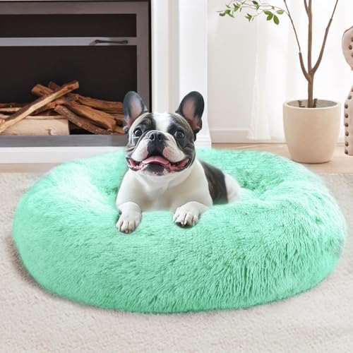 Image of JOLLYVOGUE Calming Dog Bed Medium Size Dog, 31in Donut Washable Medium Pet Bed, Anti-Slip & Anti-Anxiety Fluffy Faux Fur Round Dogs Bed, Fits up to 45 lbs Pets (Mint Green)