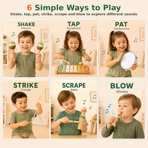 Wooden Musical Instruments, 12-Piece Montessori Percussion Set for Kids 3+ - image 3