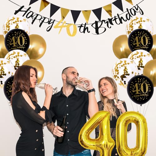 Image of Jobkoo 40th Birthday Decorations for Men, Black Gold 40th Birthday Balloons Black Happy 40th Banner 40th Cake Topper Number 40 Foil Balloon for Women 40 Year Old Party Decor