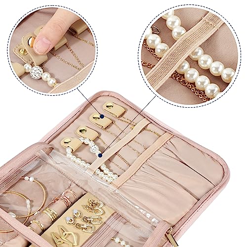 NISHEL Pink Travel Jewelry Organizer Roll - Foldable Case for Necklaces, Earrings, Rings, Bracelets, and Watch