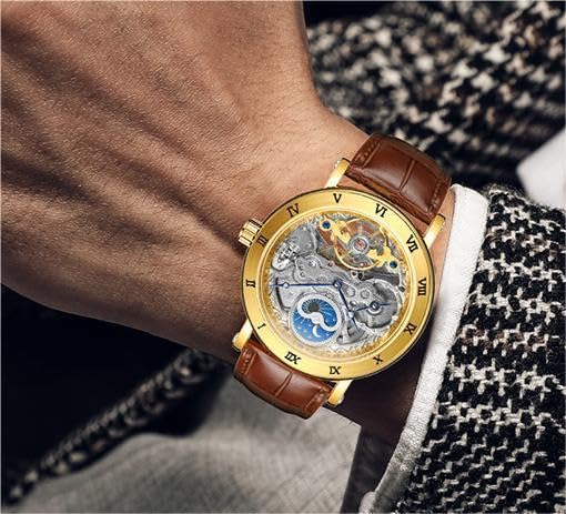 Image of FORSINING Men's Self Winding Automatic Watch Tourbillon Analog Skeleton Movement Moon Phase Wrist Watch with Genuine Leather Strap