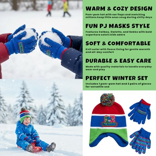 Image of PJ Masks Winter Hat and 2 Pair of Gloves or Mittens Set (Age 2-7)