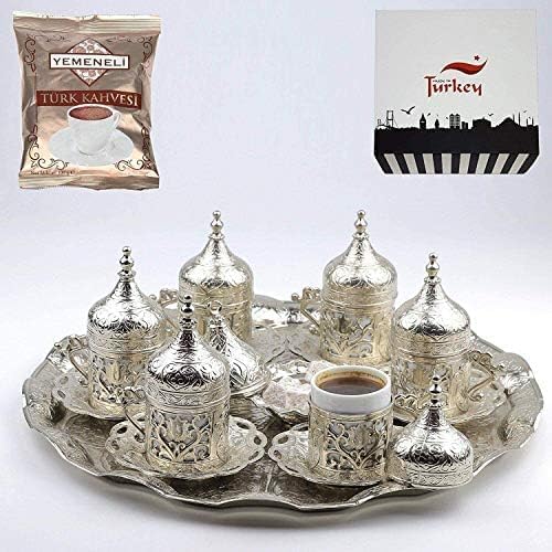 Miniatura 2 de Juego de tazas y platillos de café expreso, turco, griego, árabe color plata estilo otomano (juego de 6)