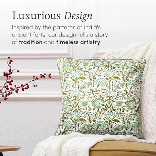 CPC 100% Cotton Throw Pillow Covers 16X16 Green Block Print Pattern Couch Pillow, Cute Boho Decorative Pillows for Living Room, Bedroom with Hidden Zipper- Coral Pink