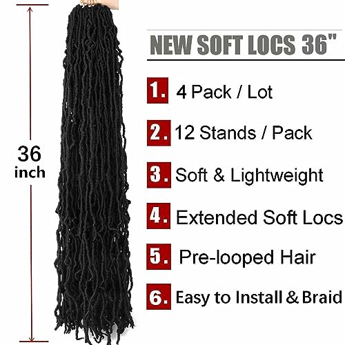 4 Packs Soft Locs Crochet Hair Pre Looped 36 Inch Long Faux Locs Crochet Braids Curly Wavy Goddess Locs Dreadlocs Synthetic Hair For Black Women (1B, 36 Inch(Pack Of 4)) #TOP2