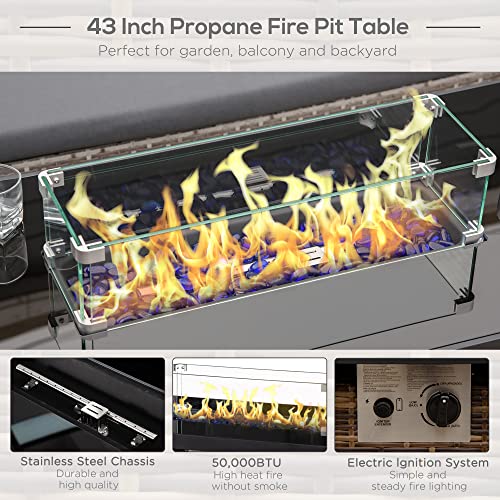 Outsunny 43In Outdoor Propane Gas Fire Pit Table, 50,000 Btu Auto-Ignition Wicker Gas Firepit With Glass Wind Guard, Blue Glass Rock, Csa Certification, Brown #TOP3