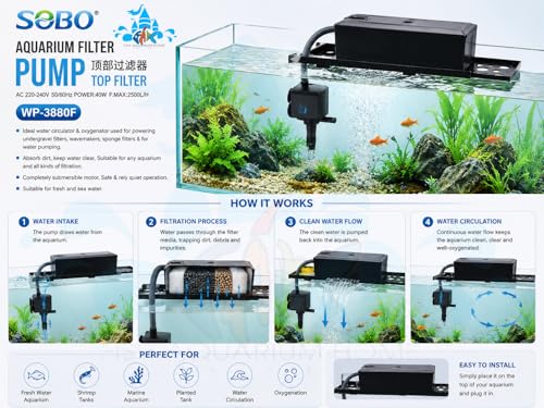 Image of FAH WP-3880F TANK TOP FILTER Sobo Power 40W| Max Flow: 2500L /H | 3ft n Above Aquarium | For Super Cleaning with inchFREE inch Cotton Pad (submersible)