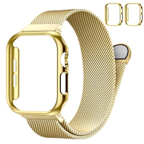 SOLOLUP Milanese Loop+2Pcs Schutzhülle für Apple Watch Armband Series 11 10 9 8 7 6 5 4 3 SE Ultra 3/2 Metal Milanaise Magnet Band für iWatch 49/46/45/44/42 mm-S 3/2/142mm PC Hülle Gold