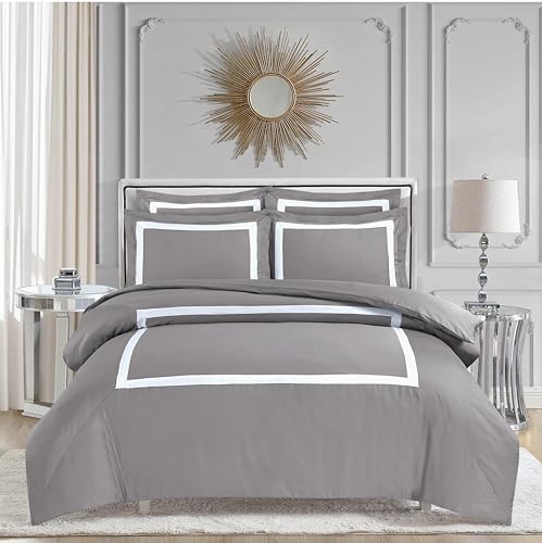 Majestic Giftware Madison Linen 8-Piece Full Size Duvet Bedding Set (BL1-F-3) | Province Hotel Collection-Taupe-White Tape 400 TC Cotton Sateen | 2 Fitted Sheets, 2 Duvets, 4 Pillowcases
