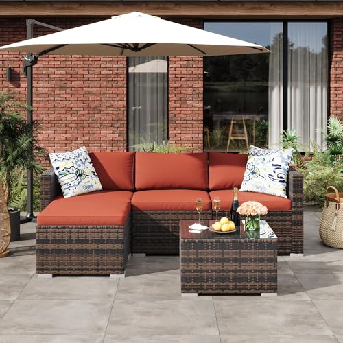 Image of GAOMON 5-Piece All-Weather Patio Furniture Set, Convertible Outdoor Sectional Sofa with Ottoman & Tempered Glass Table, PE Rattan Conversation Set for Garden, Backyard, Porch, Poolside