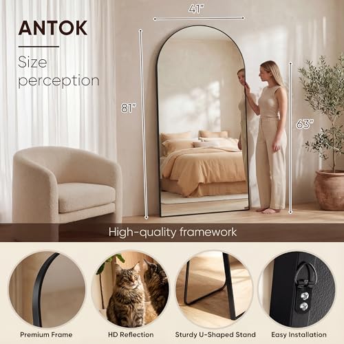 Image of Antok 81 inch x41 inch Arched Full Length Floor Mirror, Black Aluminum Frame, Free Standing /Wall Mount /Leaning for Bedroom, Living Room, Dressing Room