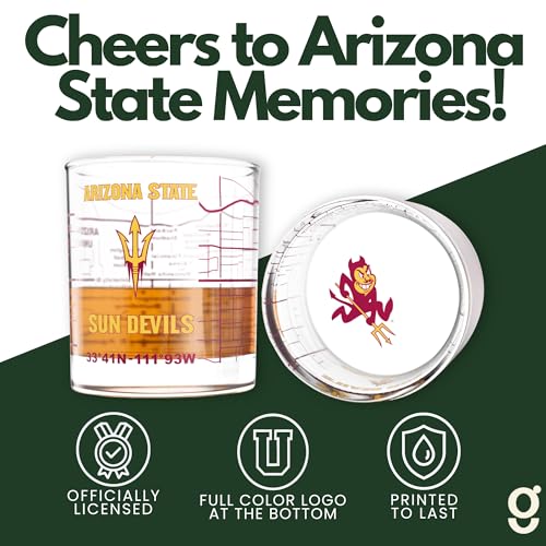 Image of Greenline Goods Arizona State University Sun Devils Whiskey Glasses Set of 2, 10 oz Rocks Glasses with Full-Color Logo & Campus Map - Officially Licensed Bourbon Glass Gift for Alumni & Fans