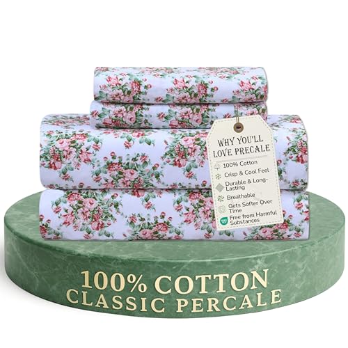 Feather & Stitch Parure de lit 4 pièces 100% Percale de Coton 300 Fils, draps + 2 taies d'oreiller, Convient aux Matelas de 40,6 cm de Profondeur, Luxueuse et...