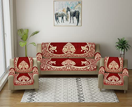 Image of Velvet Sofa Cover with Arm Covers Set of 5 Seater - Premium Sofa Covers 3 Seater and 2 Seater Full Cover Set for Couch Seat - Heavy Fabric Sofa Slip Back Protector, 2701 Maroon