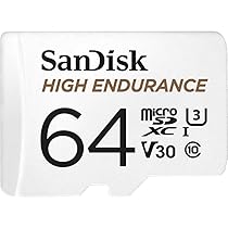 SanDisk HIGH ENDURANCE Video Monitoring for Dashcams & Home Monitoring 64 GB microSDXC Memory Card + SD Adaptor, Up to 100 MB, s read and 40 MB, s Write, Class 10, U3, V30, White