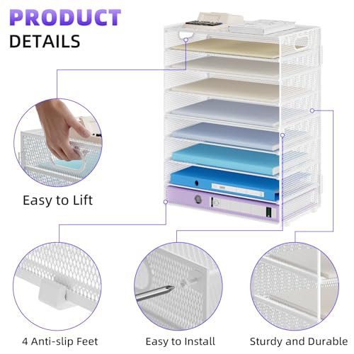 Image of Marbrasse Paper Organizer Letter Tray, 9 Tier Mesh File Organizer with Handle, Paper Sorter Desk Organizer for Home Office Supplies - White