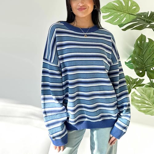 Image of Women Vintage Striped Pullover Sweater Y2k Long Sleeve Crew Neck Loose Knit Sweaters Fall Winter Knitwear