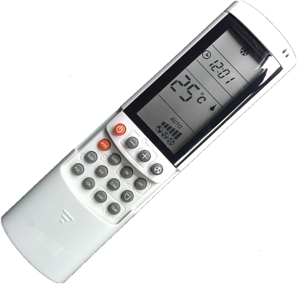 Air conditioner remote control with illuminated display showing temperature and mode