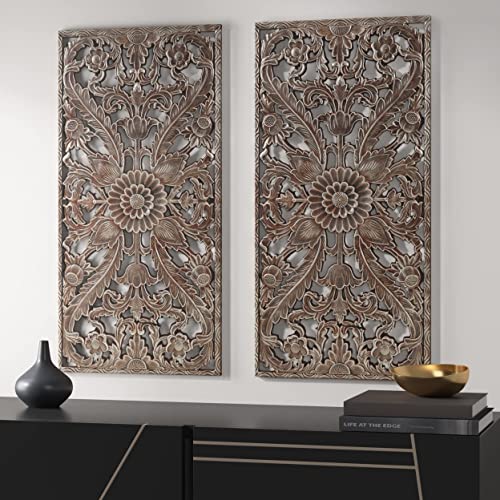 Image of Madison Park Carved Wood Wall Art 2 Piece, Floral Wooden Carving Wall Decor, Bronze Wall Art Living Room Bedroom, Copper Embellished Boho, Ready to Hang, 15.75 inchW x 31.5 inchL, Bronze