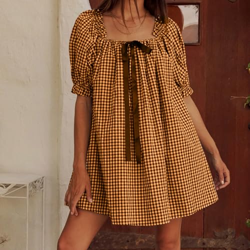 Image of Women Y2k Puff Sleeve Babydoll Dresses Square Neck Tie Back Mini Dress Summer Solid Off Shoulder Flowy Sundress