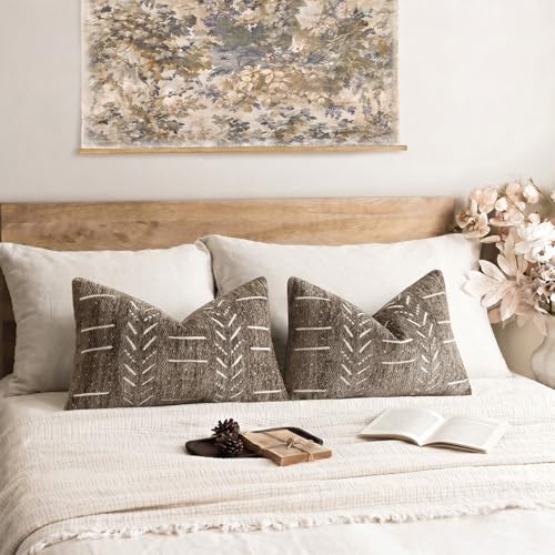 Image of Foindtower Set of 2 Decorative Chenille Jacquard Throw Pillow Covers Textured Farmhouse Lumbar Cushion Cover Neutral Coastal Boho Home Decor For Sofa Chair Couch Bed Living Room,12x20 Inch,Cocoa Brown