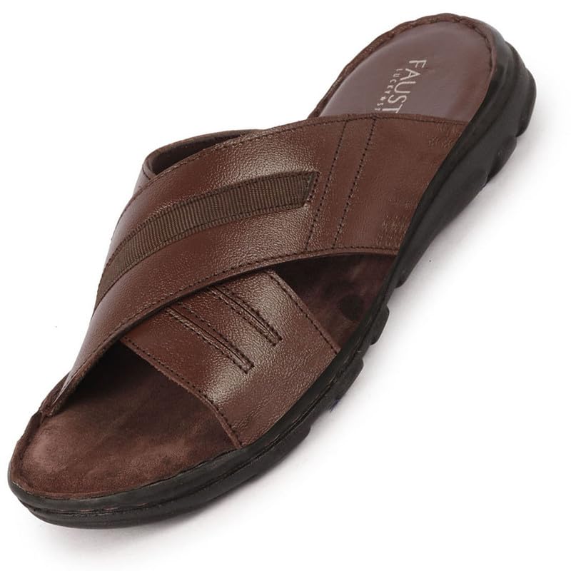 FAUSTO FST KI-508 BROWN-40 Mens Brown Genuine Leather Cross Strap Open Toe Suede Leather Insole Slippers (6 UK) (B0CKRLB3MH) Amazon Price History, Amazon Price Tracker