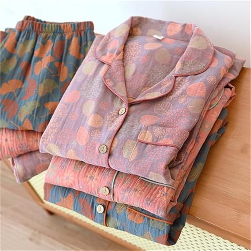 Image of Vintage Leaf Cotton Lapel Loungewear Set, Ginkgo Leaf Button Colorful Floral Pure Pajama, Women's Fashion Sleepwear