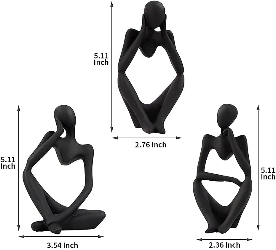 fumisee 3Pcs Abstract Thinker Statue Set Mini Resin Thinker Statue Suit for Modern Home Office Bookshelf Desktop Decor (Black)
