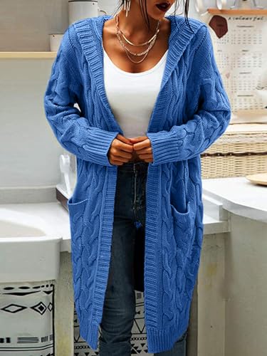 Image of Bwogeeya Women Hooded Long Cardigan Cable Knit Open Front Sweaters Solid Color Chunky Sweater Coats