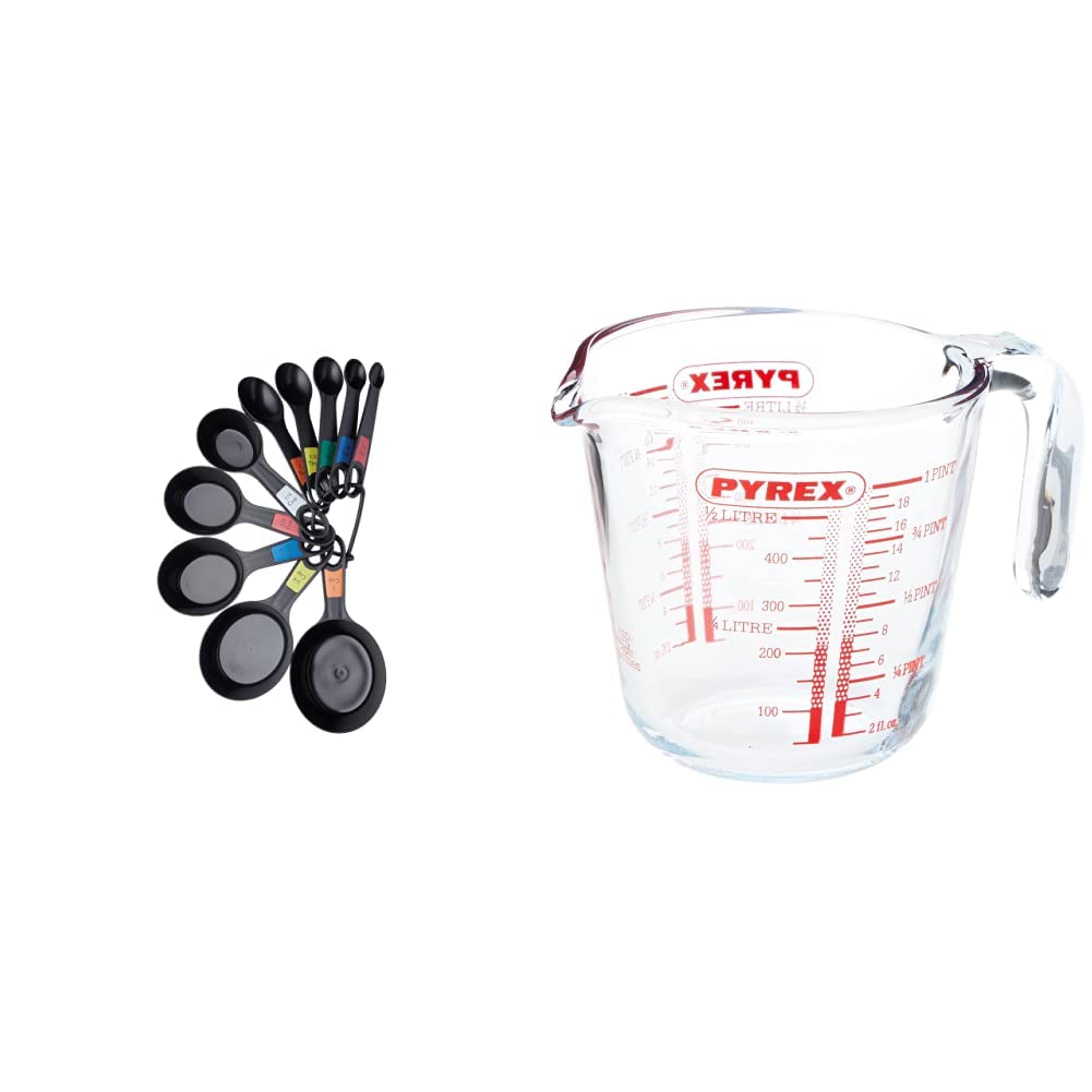 KitchenCraftUniversal Measuring Spoon Set, Teaspoons and Tablespoons for Measuring Dry and Liquid Ingredients, Black, Set of 10 & Pyrex Measuring Jug 500ml | Capacity 568ml / 20 Ounce | P586