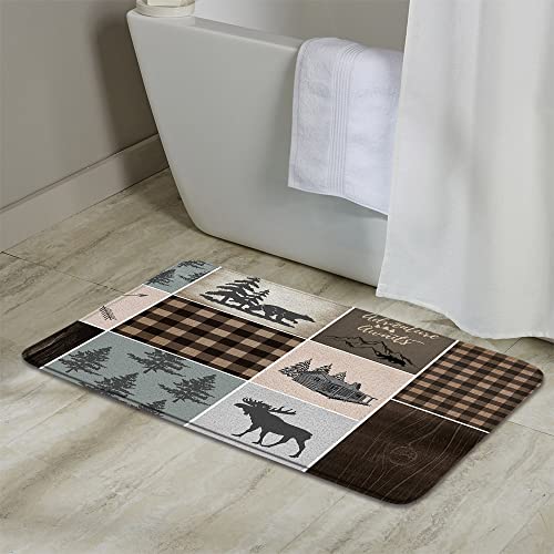 Cabin Bath Mats Rustic Bear Moose Lodge Bathroom Rugs Spring Pine Forest Deer Wild Animal Country Farmhouse Plaid Check Farm Non-Slip Carpet Bedroom Kitchen Floor Decor 29.5 X 17.7 In #TOP2