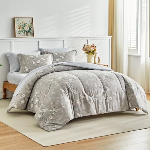 AIKASY Bed in a Bag 7-Piece Queen Comforter Set - Soft Microfiber Bedding with Elegant Floral, Lightweight and Breathable for All-Season (Regal Purple)