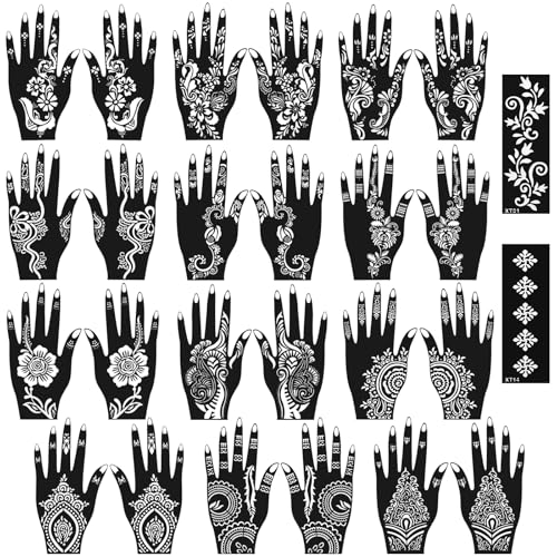 Set di 26 Stencil per Henné Tatuaggi, Henne Tatuaggi per Mani e Dita, Modelli di Tatuaggio Nero, Inclusi Mani Indiane Arabe, Tatuaggi Temporanei per Braccio, Ragazza, Body Art