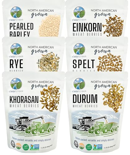 CLEAR CREEK Certified Glyphosate Residue Free Khorasan, Durum, Rye, Spelt, Pearl Barley, and Einkorn Wheat Berries | 6 lbs (6-1 lb bags) | Non-GMO Project Verified