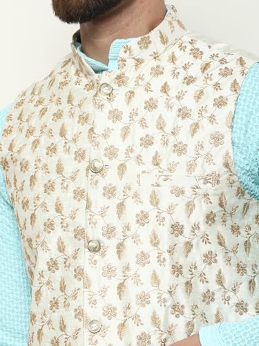 Image of SOJANYA (Since 1958 Men's Cotton Linen Maroon Kurta and White Pyjama with Mustard Cotton Nehru Jacket