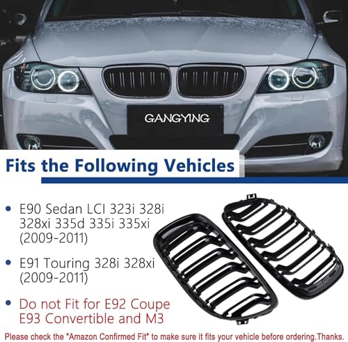Gangying E90 E91 Radiator Grille Compatible for BMW 3 Series E90 E91 LCI Kidney Grill Front 2009-2011 Double Grilles Black Gloss