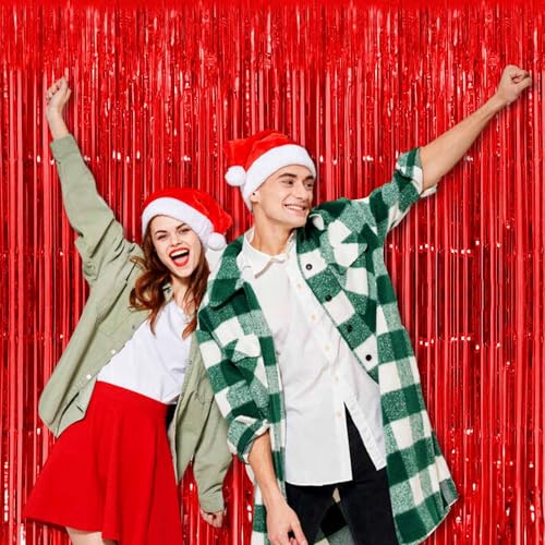 Image of 3 Pack Red Foil Fringe Curtains Backdrop, 3.28 x 9.8 Ft Metallic Streamers Tinsel Curtains Background for Photo Booth, Birthday, Halloween, Christmas, Thanksgiving, New Year Party Decorations
