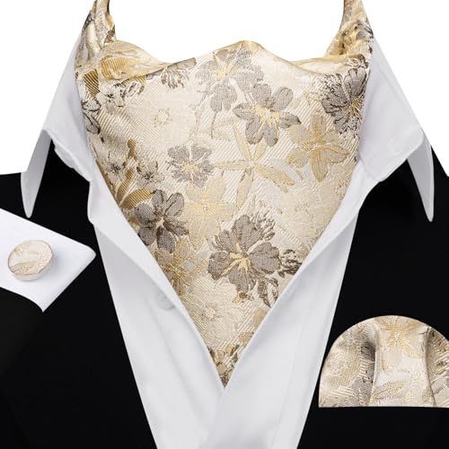 Image of Barry.Wang Ascot Ties Cravat Tie Men Paisley Plaid Scarf Self Tie Pocket Square Cufflinks Set Wedding Party